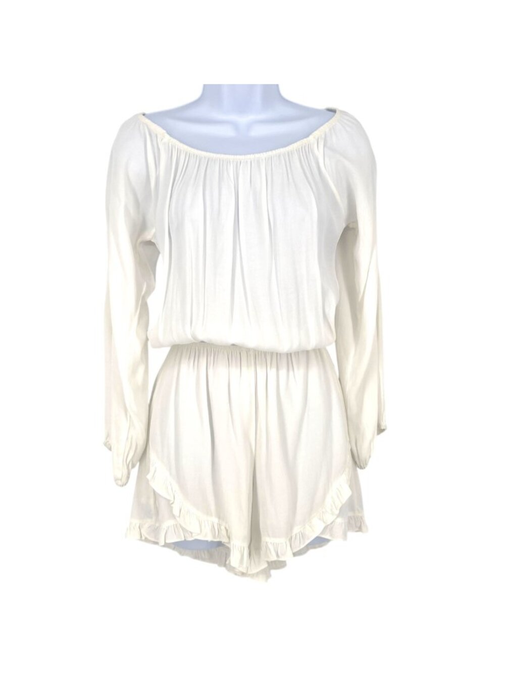 Fraiche By J Boho Summer Off-Shoulder Ruffle Hem Romper White Size Small